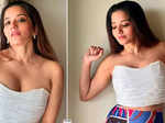 Monalisa sets hearts racing in a white crop top and printed skirt